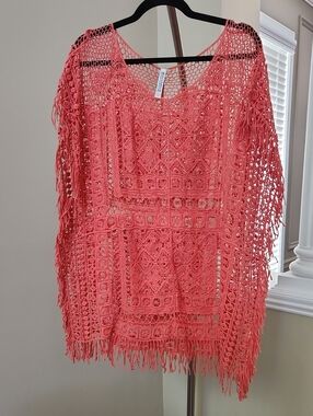 Coral Crochet Fringe Swim Cover-Up Tunic